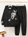 SHEIN Boys' Casual Astronaut Print Hoodie And Pants Set
