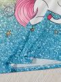 SHEIN Kids EVRYDAY Big Girls' Knitted Unicorn & Letter Print Dress