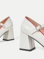 SHEIN MOD Valentine's Day White Heart Shaped Toe Chunky Heel Mary Janes With Buckle Strap For Women