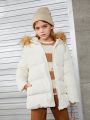 SHEIN Tween Girl Fuzzy Trim Hooded Puffer Coat