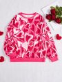 SHEIN Kids QTFun Girls' Knitted Heart Pattern Round Neck Casual Sweatshirt