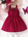 SHEIN Kids EVRYDAY Young Girls' Casual Simple Texture Fabric Sleeveless Strap Dress With Drawstring Waist Detail, Summer