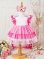 Baby Girl Pink Party Valentine's Day Festival Train Dress With Mesh Overlay, Headband And Detachable Train