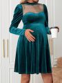 SHEIN Maternity Mesh Patchwork Waist-adjusted Velour Dress