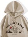 Plus Size Hooded Sweatshirt With Inner Lining And Kangaroo Pocket, Letter And Mountain Printed