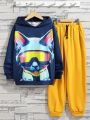 SHEIN Kids HYPEME Boys' Casual Knitted Hoodie Sweater With Animal Pattern Print And Plain Trousers Set