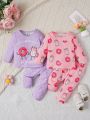 SHEIN 2pcs Baby Girls' Casual Comfortable Cute Food Pattern Printed Outfits For Daily Wear At Home