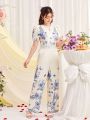SHEIN Teen Girls' Floral Printed Puff Sleeve Knit Round-Neck Wide-Leg Jumpsuit