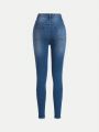 SHEIN Tween Girl's Blue Y2k Style Streetwear Skinny Jeans With Distressed Detail