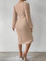 SHEIN Privé Women's V-neck Bubble Sleeve High Slit Maxi Dress