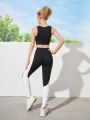 Teen Girls' Color Block Cropped Tank Top And Pants Sportswear Set