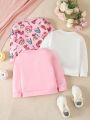 SHEIN Kids QTFun Little Girls' Cute Pink Donut Print Round Neck Sweatshirt, 3pcs/set For Autumn