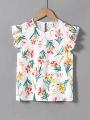 SHEIN Kids EVRYDAY Tween Girls' Woven Floral Print Short Sleeve Loose Fit Casual Top With Round Neck