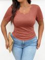 SHEIN Frenchy Plus Size Women's Solid Color Curved Hem Round Neck Short Sleeve T-Shirt