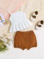 SHEIN Baby Girl Casual Knitted Halter Ruffled Tank Top And Shorts Set