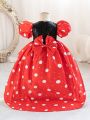 Baby Girls' Patchwork Glitter Mesh Polka Dot Printed Party Dress With Puff Sleeves