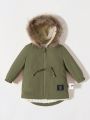 SHEIN Newborn Baby Boy Letter Patched Drawstring Waist Fuzzy Trim Teddy Lined Hooded Coat