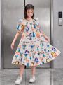SHEIN Kids Nujoom Big Girls' Loose Fit Vintage Cartoon Pattern Ruffled Hem Dress