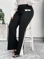 SHEIN Privé Plus Size Women's Contrast Trim Button Decorated Flare Pants