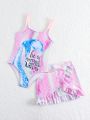 Young Girls' One-Piece Swimsuit With Mermaid Scale & Letter Print