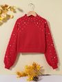 SHEIN Kids FANZEY Tween Girls' Casual Loose Fit Stand Collar Pullover Sweater With Long Sleeves