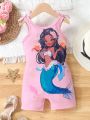 SHEIN Kids QTFun Young Girls' Cartoon Mermaid Pattern Sleeveless Jumpsuit With Bow Decoration, Suitable For Outdoor Activities And Vacation