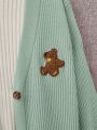 SHEIN Tween Girls' Casual Cardigan With Teddy Bear Patch & Double Pocket Design