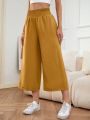 SHEIN LUNE Solid Shirred Waist Cropped Wide Leg Pants