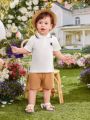 2pcs/Set Baby Boys' Striped Short Sleeve White Polo Shirt And Shorts Gentleman Casual Outfit For Spring/Summer
