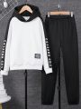 SHEIN Kids SPRTY Tween Boy Letter Graphic Patch Detail Two Tone Hoodie & Sweatpants