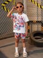 SHEIN Kids HYPEME Toddler Boys' Colorful Printed Short Sleeve T-Shirt And Shorts Set
