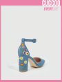Cuccoo Everyday Collection Women Shoes Stylish & Comfortable Blue Point Toe Floral Embroidery Ankle Strap High Heel Shoes