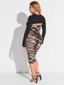 SHEIN SXY Women'S Zebra Print Hollow Out Long Sleeve Dress