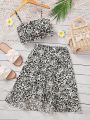 SHEIN Kids SUNSHNE Tween Girls' Floral Print Cami Top And Irregular Skirt Romantic 2pcs Outfit