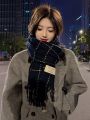1pc Women's Knit Faux Cashmere Plaid And Line Pattern Fringe Scarf, Fashionable And Versatile Winter Accessory