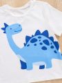 SHEIN Kids QTFun Little Boys' Dinosaur Print Round Neck Short Sleeve T-Shirt, All-Over Printed Short Sleeve Shirt And Solid Color Shorts