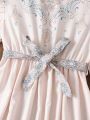 Tween Girls' Elegant Printed Long Dress With Round Neck, Long Sleeves And Matching Belt, Spring/Summer