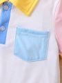 SHEIN Toddler Boys' Sporty Collar Color Block Short Sleeve Polo Shirt For Summer
