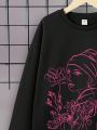 Teen Girls' Casual Cartoon Character Pattern Long Sleeve Round Neck Sweatshirt, Suitable For Autumn/winter
