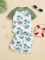 SHEIN Baby Boy'S Casual Coconut Tree & Dinosaur Print Colorblock Raglan Sleeve Pullover With Shorts/Swimwear Set