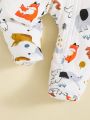 SHEIN Newborn Baby Boys' Cartoon Animal Pattern Long Sleeve Romper With Round Neck