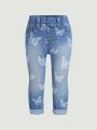 SHEIN Baby Girls' Butterfly Embroidery Printed Jeans