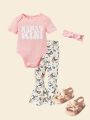 SHEIN Baby Letter Graphic Bodysuit & Floral Print Flare Leg Pants Without Headband