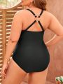 SHEIN Swim Basics Plus Size Cross Detail Open Back One-Piece Swimsuit