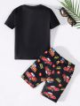 SHEIN Young Boy's  Casual Round Neck Cartoon Pattern Short Sleeve T-Shirt And Shorts Snug Fit Homewear Set