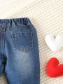 Baby Girl Heart Print Elastic Waist Jeans