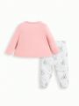 SHEIN Baby Girls' Cute Rabbit Pattern Long Sleeve Overlapping Shoulder Top & Footed Pants Pajama Set