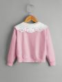 SHEIN Kids CHARMNG Young Girl's Color Blocking Embroidered Panel Long-Sleeved Cardigan