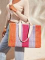 SHEIN VCAY Colorful Hollow Out Woven Women's Tote Bag,Straw Bag,Perfect For Summer Beach Travel Vacation,For Outdoor,Holiday
