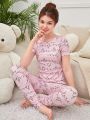 SHEIN Teenage Girls' Knitted Solid Color Heart & English Letter Patterned Tight-Fitting Homewear Set With T-Shirt And Pants